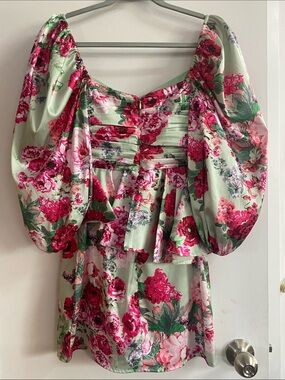 For Love & Lemons Mint Green Floral Mini Dress with Pink Roses